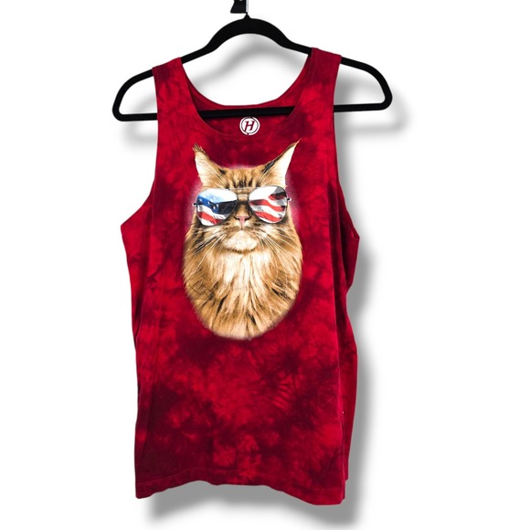 Hybrid Tees Cat Tank Top American Flag‎ Sunglasses Graphic Patriotic Mens M - Picture 1 of 7